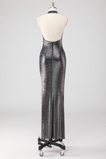 Sprankelende zilvergrijze halter Shath formele jurk met split